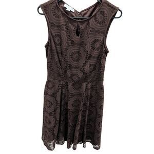 London Times Women's Size 8 Medium Sleeveless Brown Lace Overlay Flare Dress EUC